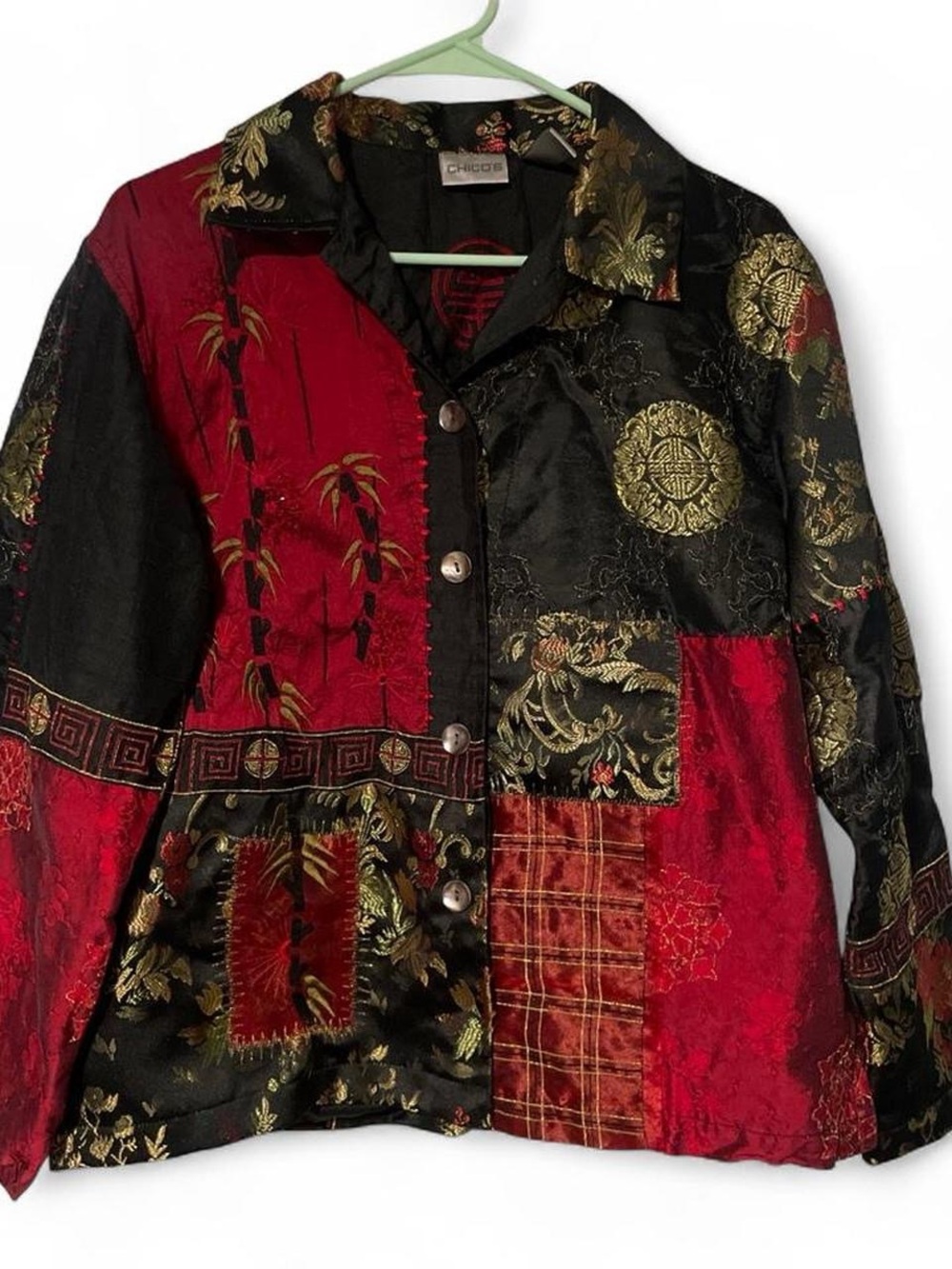 Vintage Chico's Red, Black & Gold Patchwork 35% Silk Button-Front Jacket
